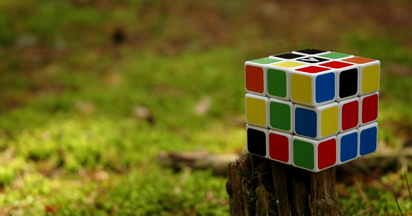 Rubiks kub placerad på en stubbe i skogen. 