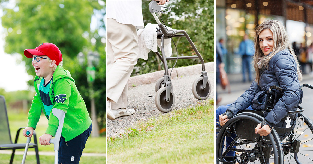 Tre bilder på hjälpmedel. En pojke med kryckor. En gammal dams ben och rullator. En ung kvinna i rullstol.