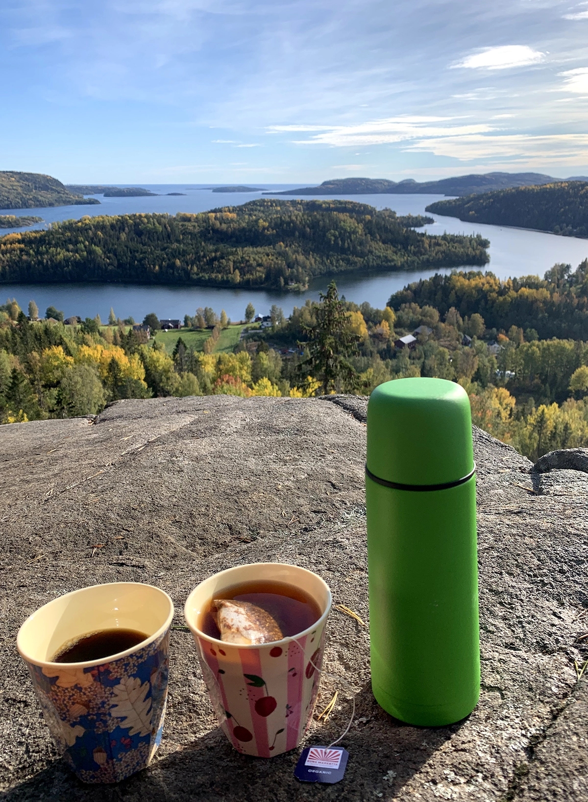Vy från berget Rödklitten i Nordingrå. En termos och två muggar med kaffe och te syns också.