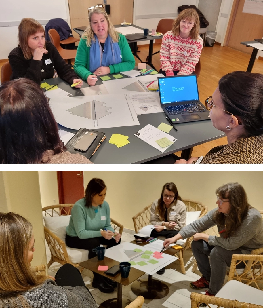Två foton från arbetsgruppens workshop. På båda bilderna sitter det människor runt bord och samtalar samtidigt som de skriver på ett stort papper.