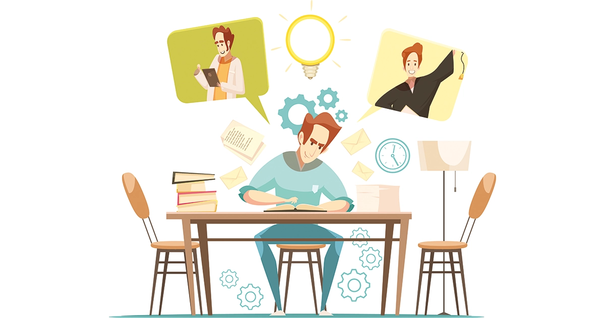 Tecknad illustration som föreställer en man som sitter vid ett bord och pluggar.