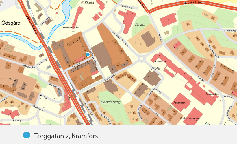 Karta över Kramfors centrum. Torggatan 2 är markerad på kartan.