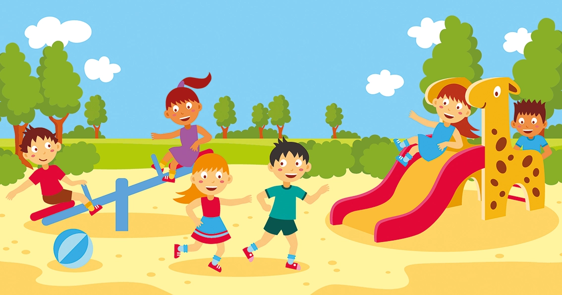En tecknad illustration över en lekpark. Ett antal förskolebarn gungar och åker rutschkana.