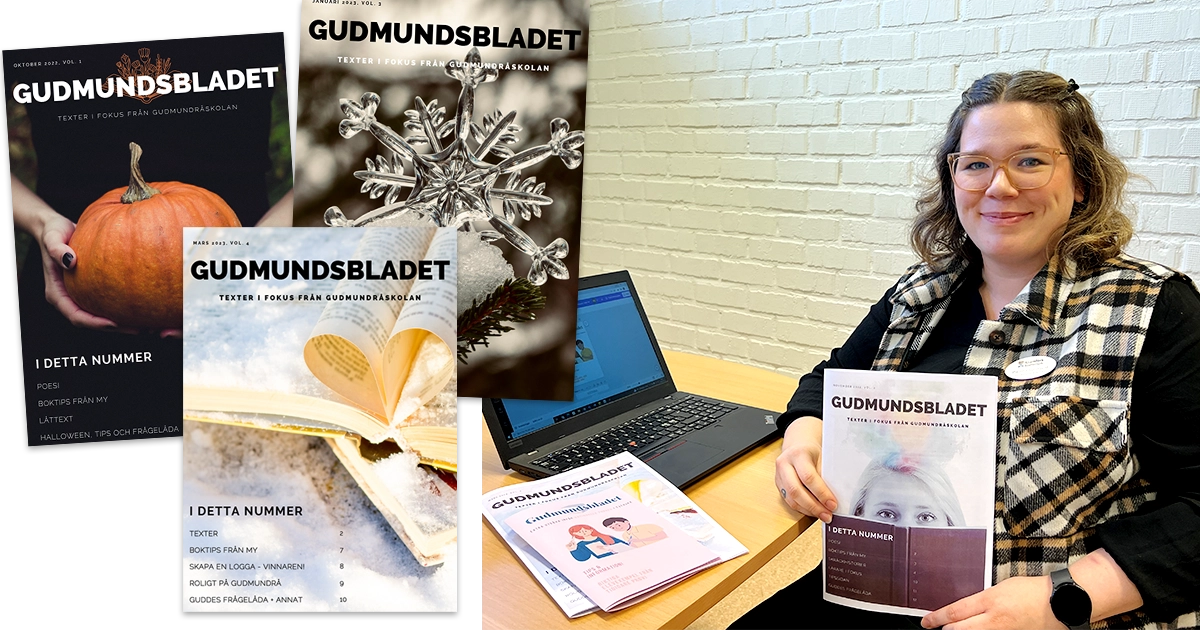 Paulina Sundqvist sitter vid en dator och håller upp ett exemplar av Gudmundsbladet. Bilden visar också tre olika omslag på månadsbladet.