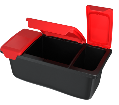 Illustration av en svart plastlåda med röda lock, ska användas till insamling av elektronik