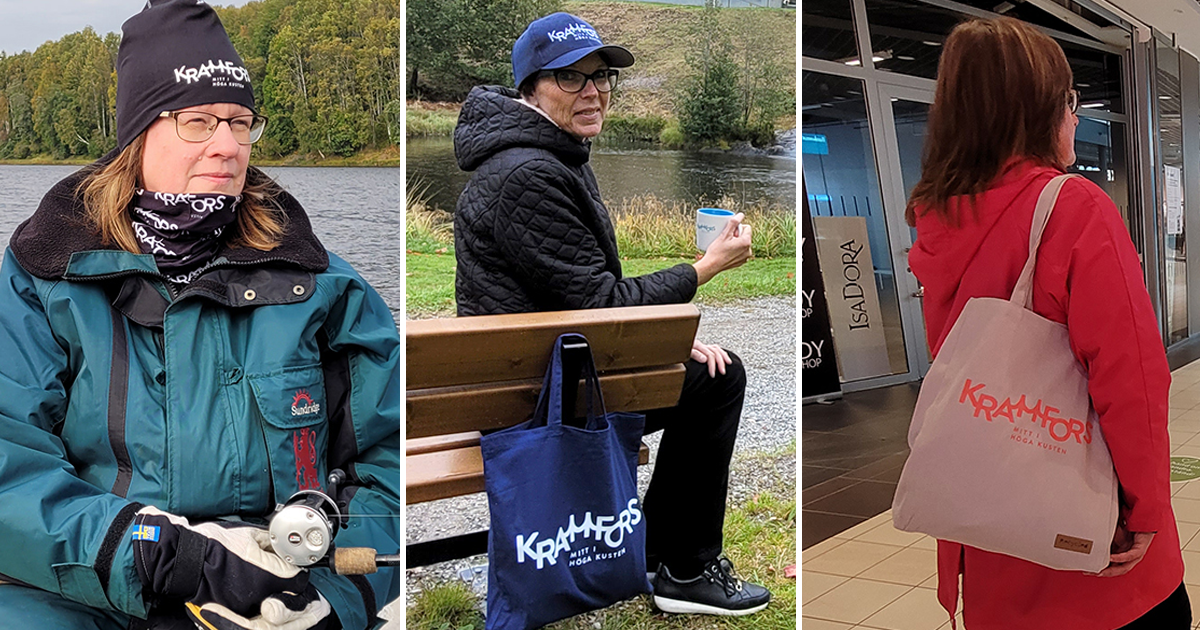 Tre kvinnor som visar produkter ur profilshopen, en svart mössa och buff, en blå keps och väska, en grå väska.