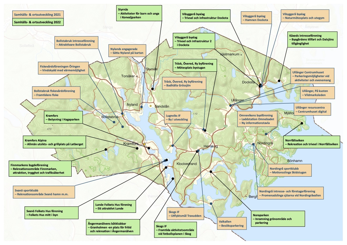Karta över Kramfors kommun med utpekade projekt som fått orts- och samhällsutvecklingsmedel.